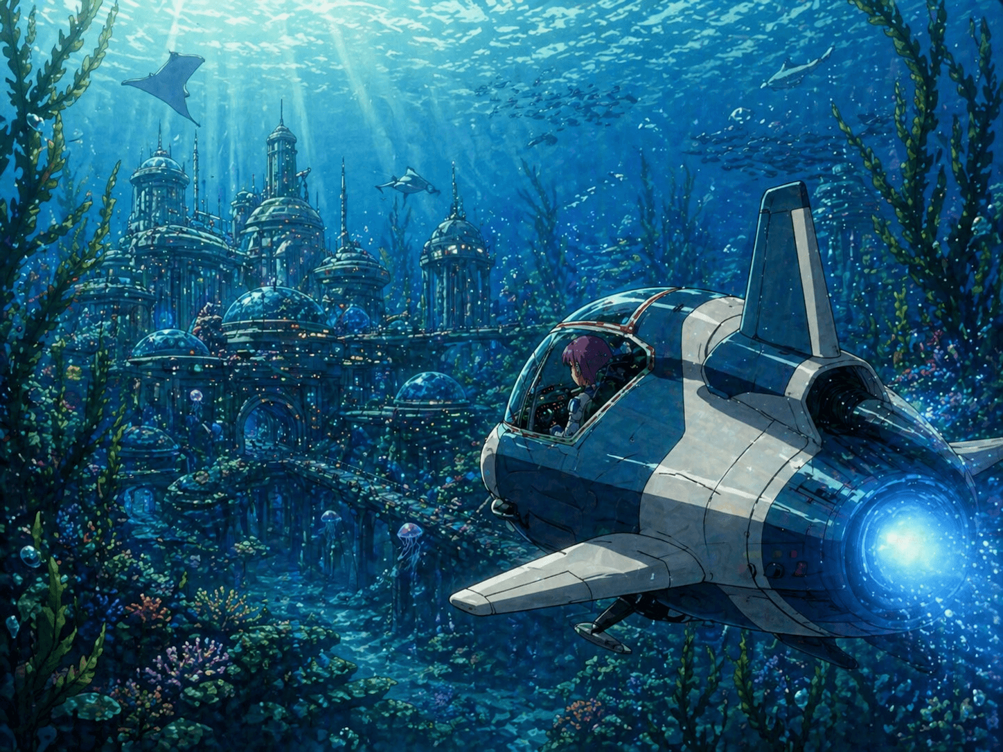 A pilot navigating a skill vessel through an underwater archive.